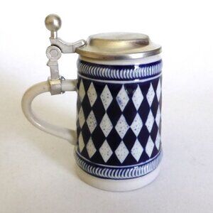 VINTAGE HARLEQUIN DIAMOND MINIATURE PEWTER LIDDED CERAMIC GERMAN BEER STEIN (NEW